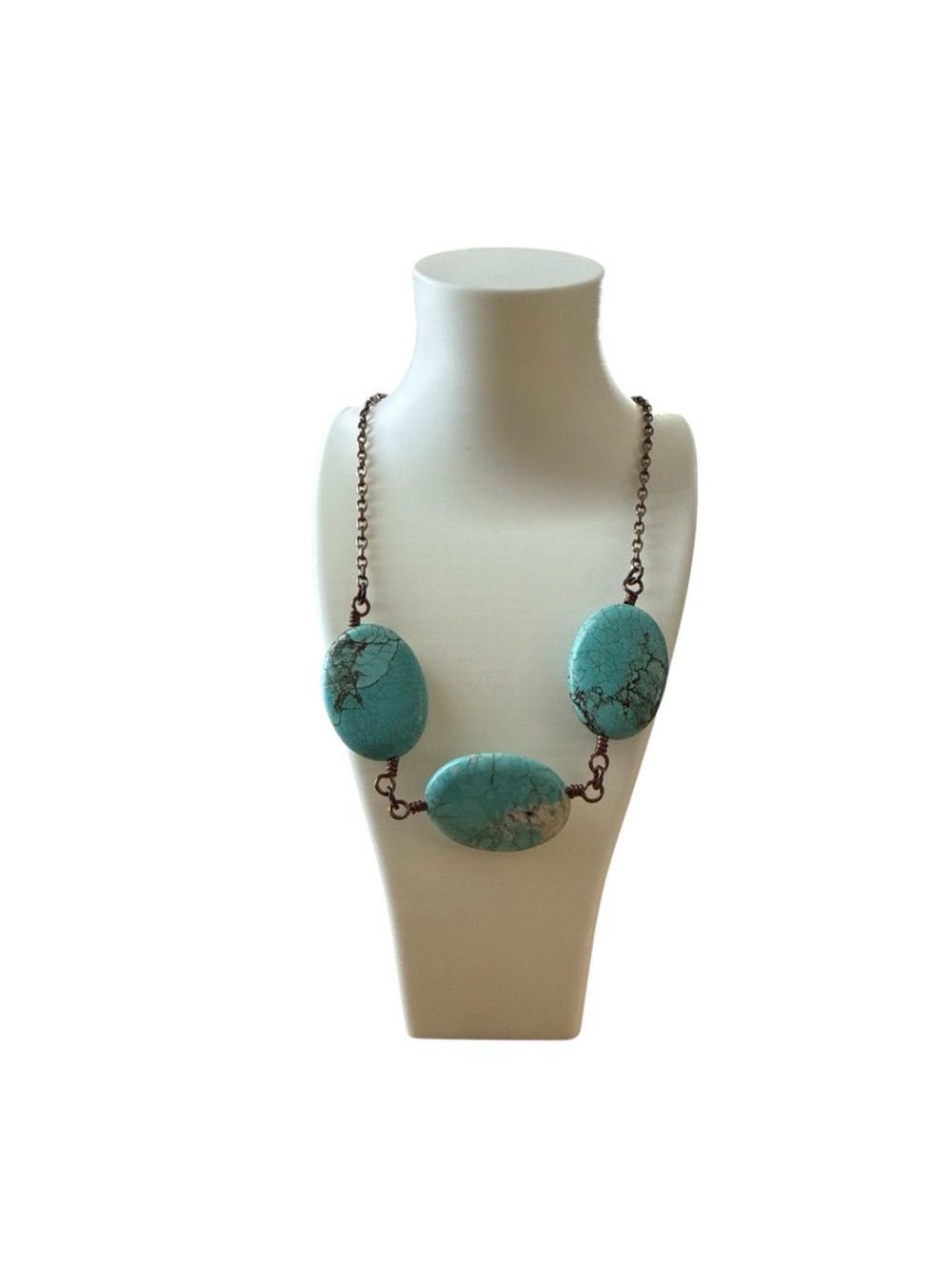 Chunky Turquoise Color Statement Necklace Copper Tone Chain Oval Stones Boho